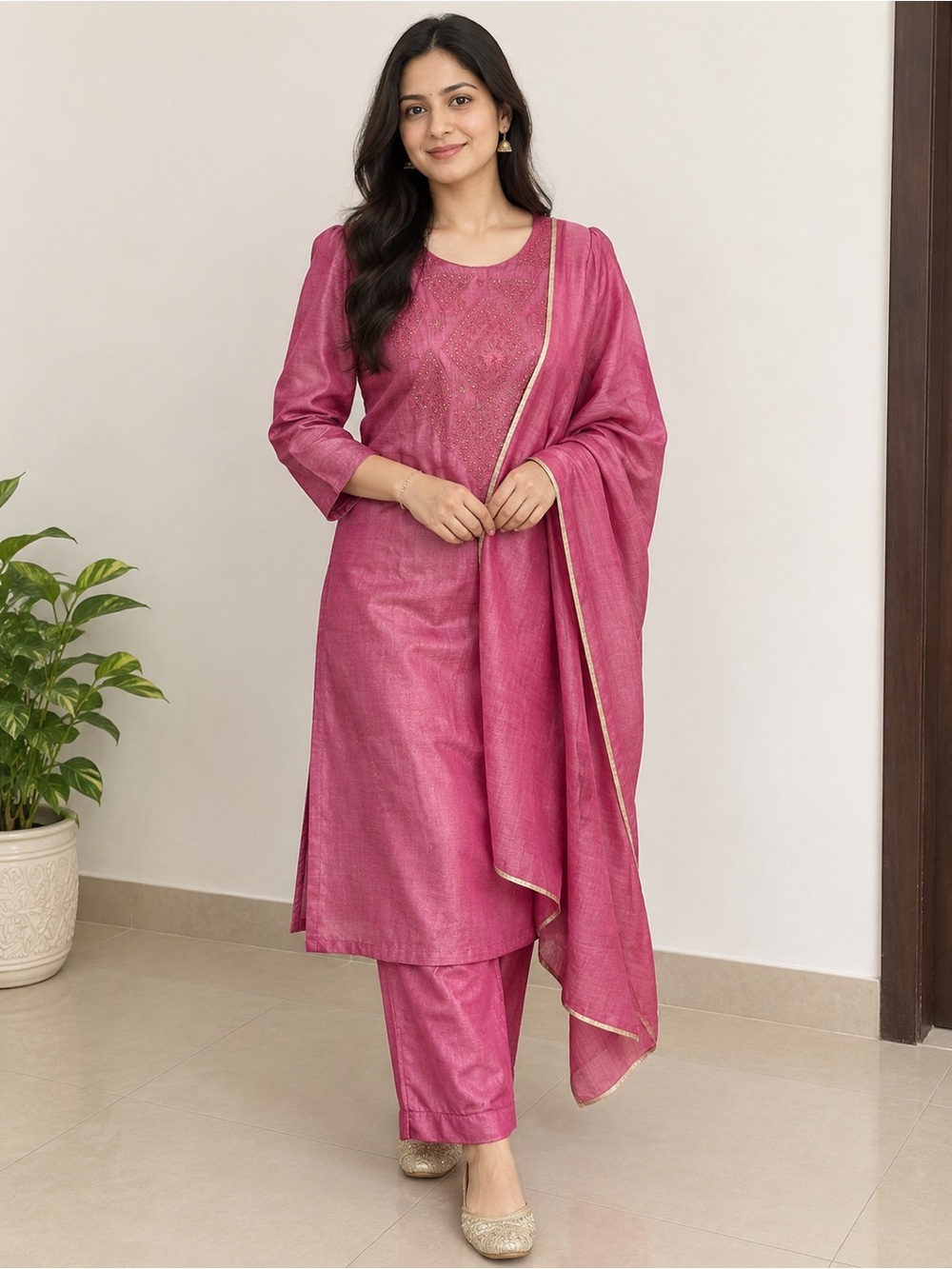 100% Silk Indian 3-Pc Salwar Kameez Set Medium Pink Embroidered Dupatta